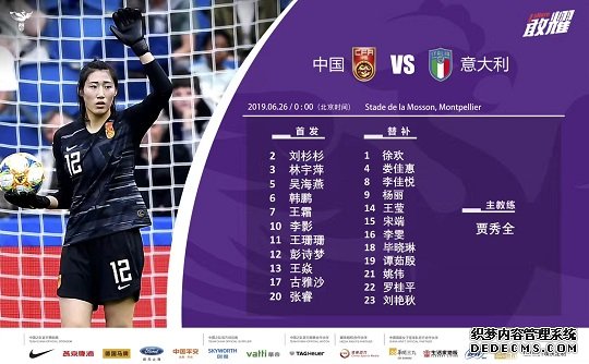 中国女足VS意大利女足首发阵容：王霜、王珊珊领衔